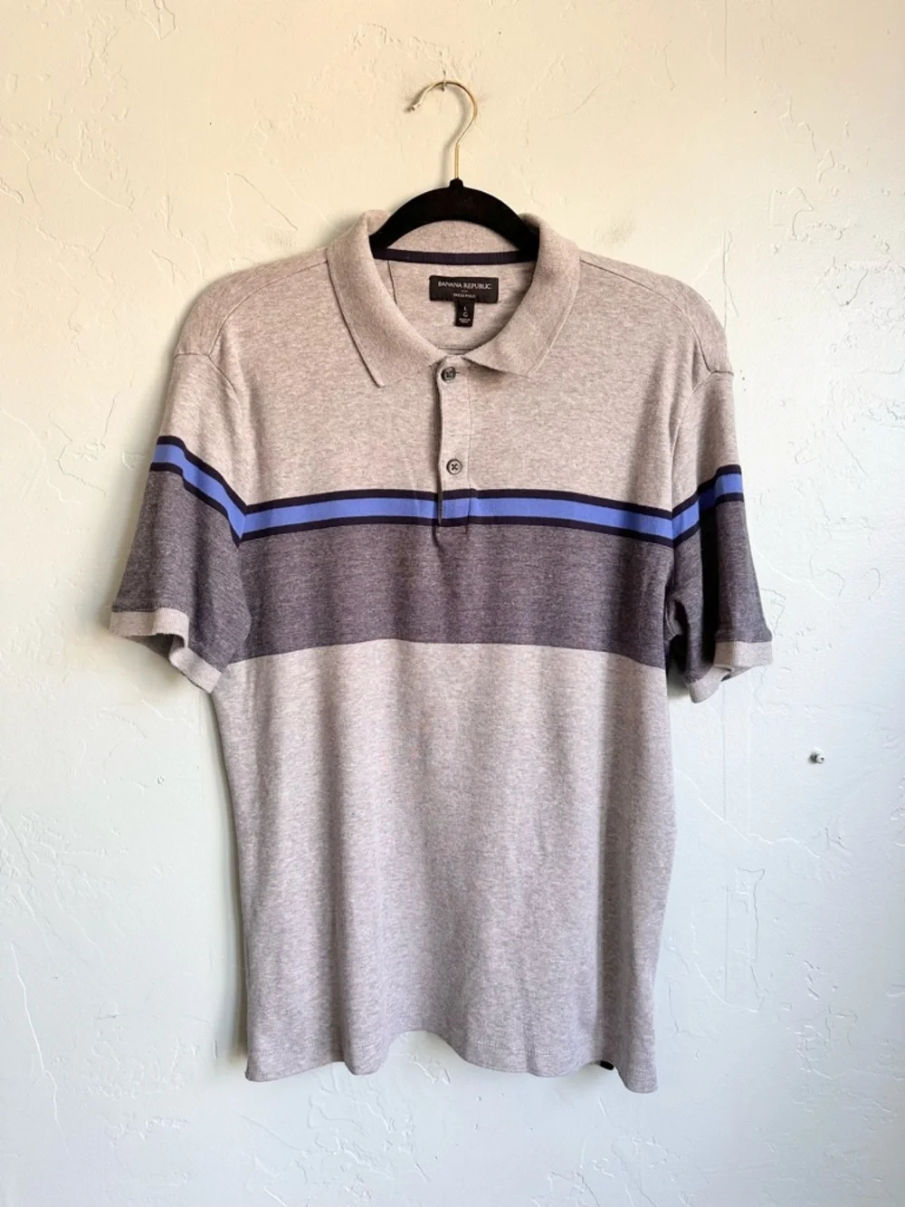 Banana Republic Men’s Preppy Striped Cotton Dress Polo Gray Blue Black Large EUC
